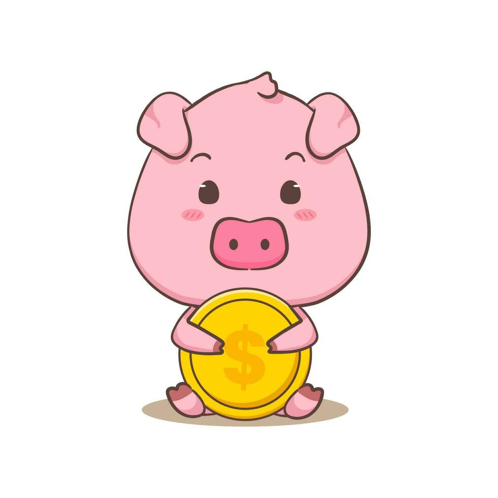 Cute pig cartoon character holding big dollar coin. Adorable animal concept design. Isolated white background. Vector art illustration.