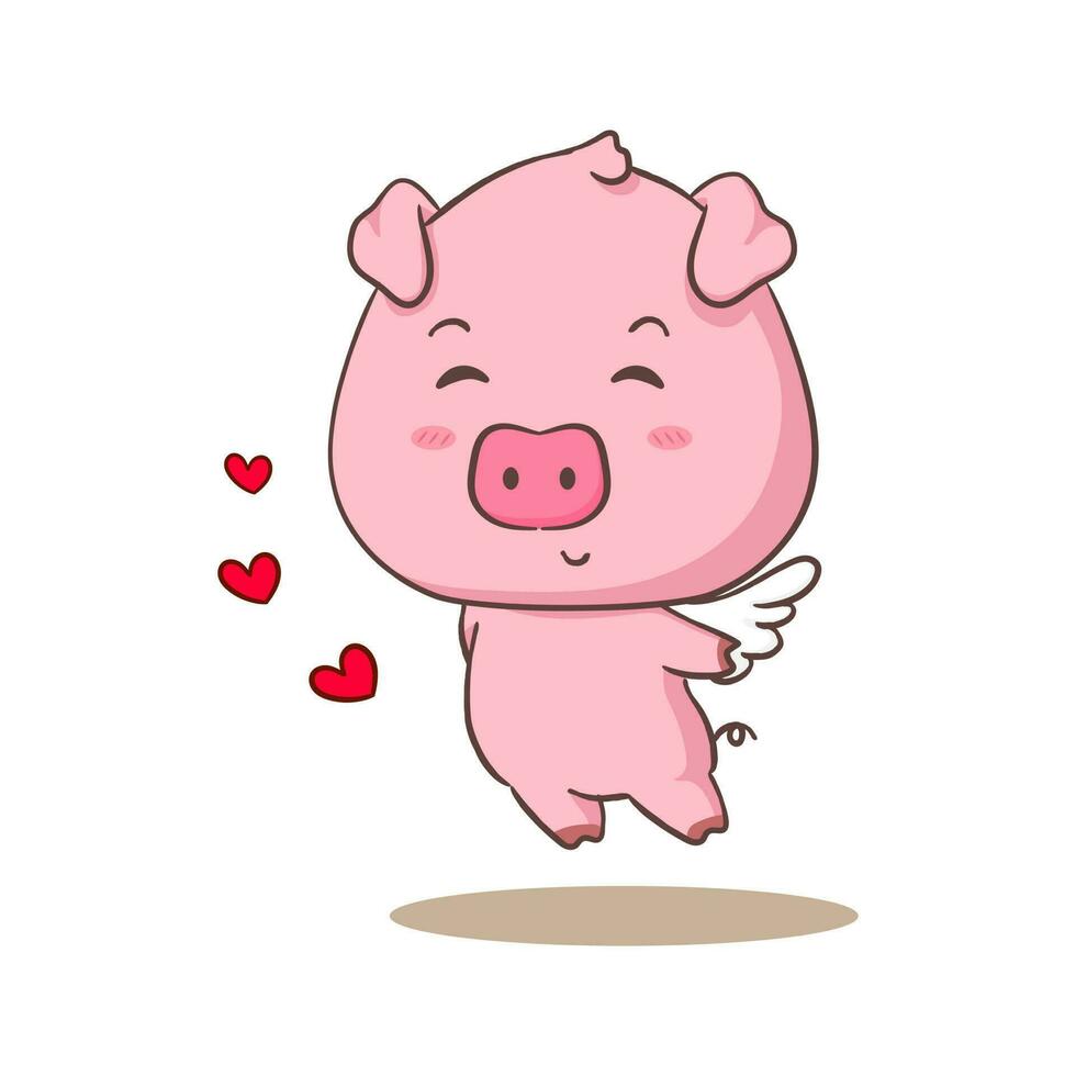 Cute cupid pig cartoon character flying. Adorable animal concept design. Isolated white background. Vector art illustration.