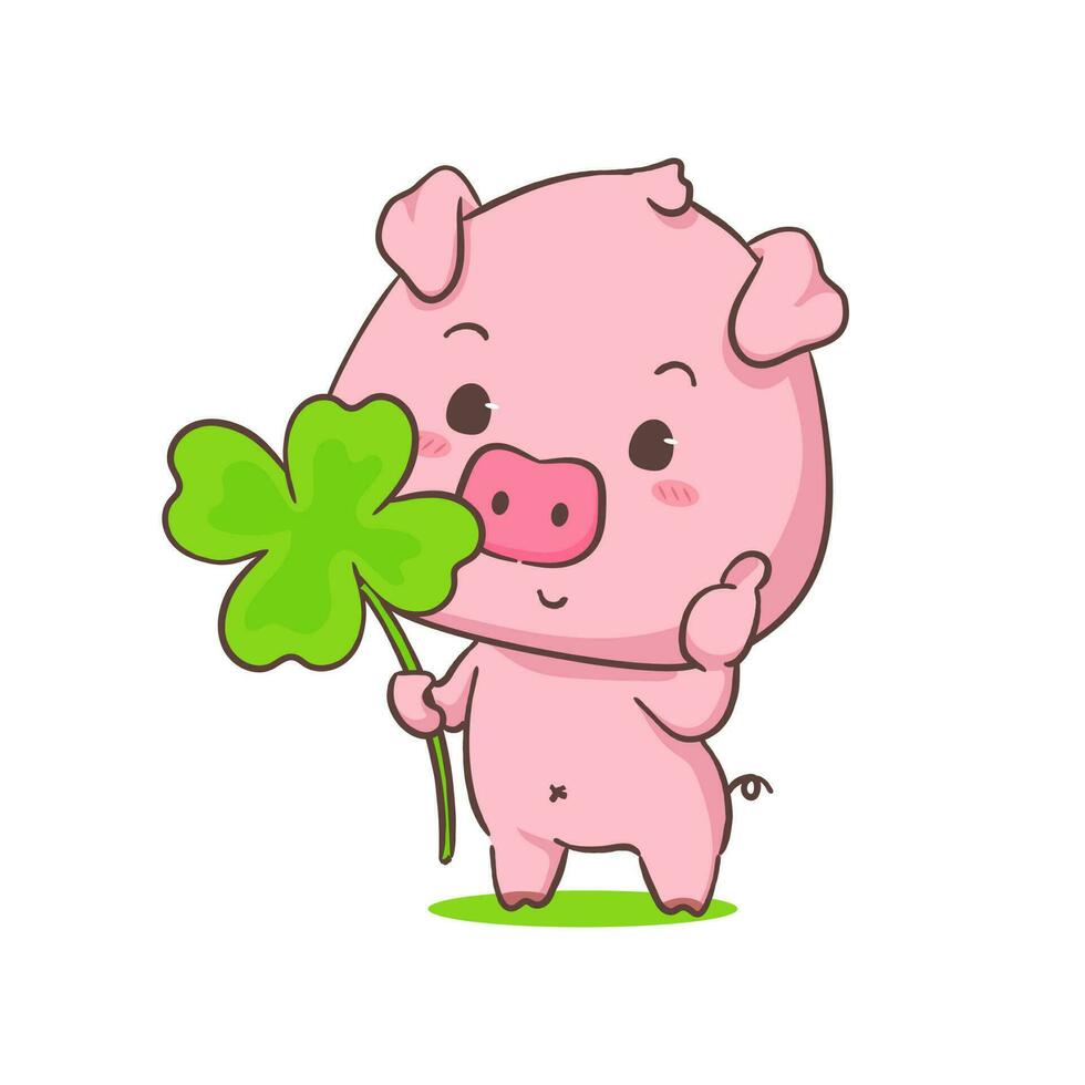 Cute pig cartoon character holding a lucky 4 leaf clover. Adorable animal concept design. Isolated white background. Vector art illustration.