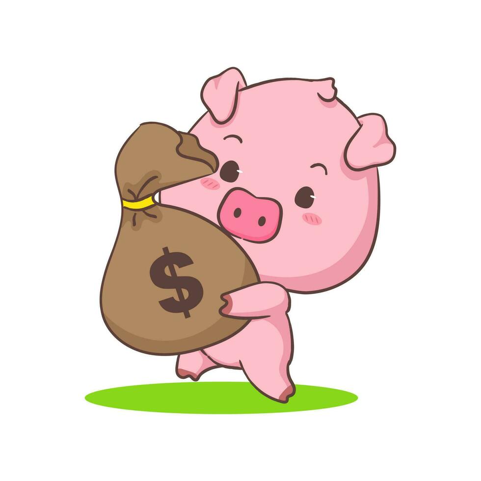 Cute pig cartoon character holding money back with ollar around. Adorable animal and business concept design. Isolated white background. Vector art illustration.