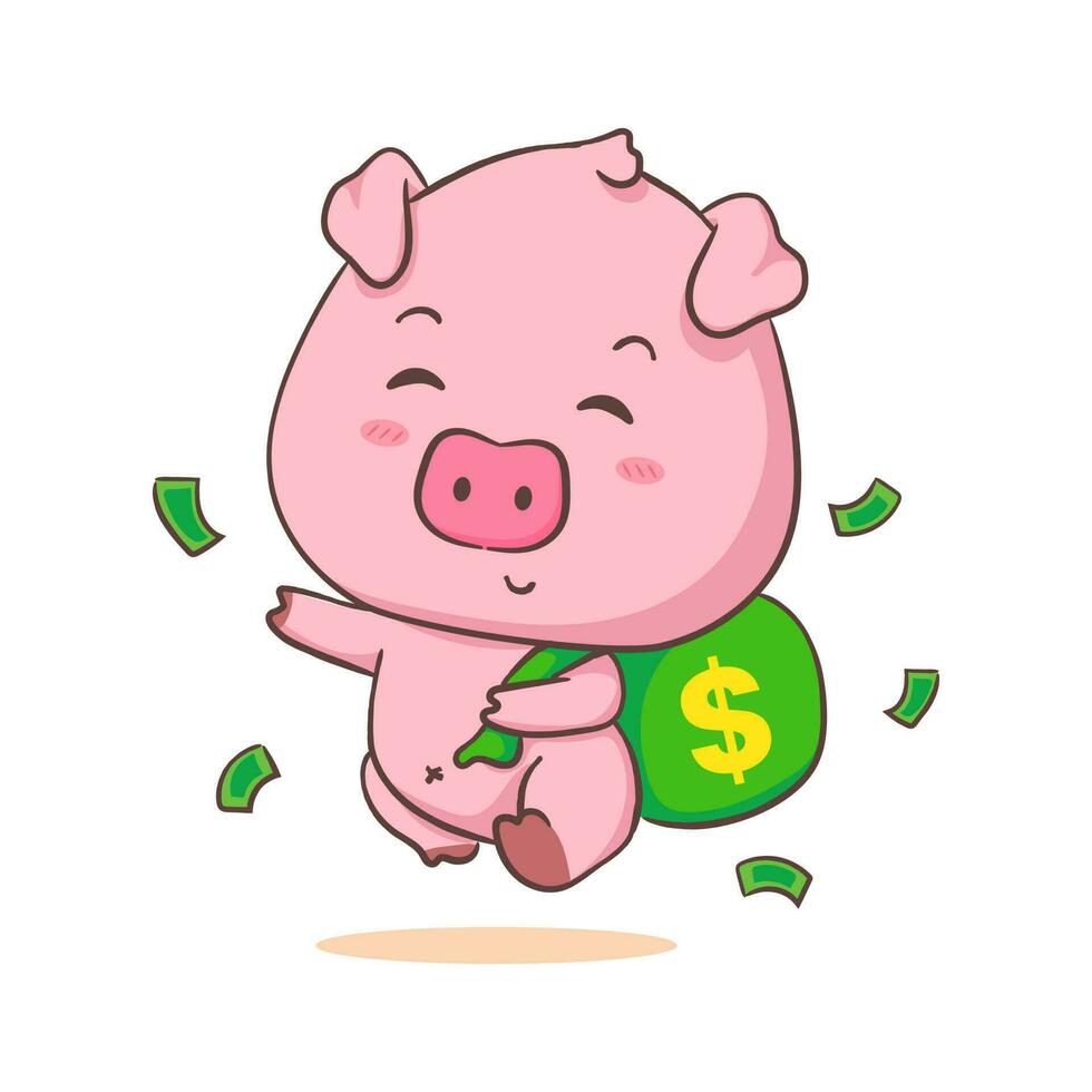 Cute pig cartoon character carrying money bag with ollar around. Adorable animal and business concept design. Isolated white background. Vector art illustration.