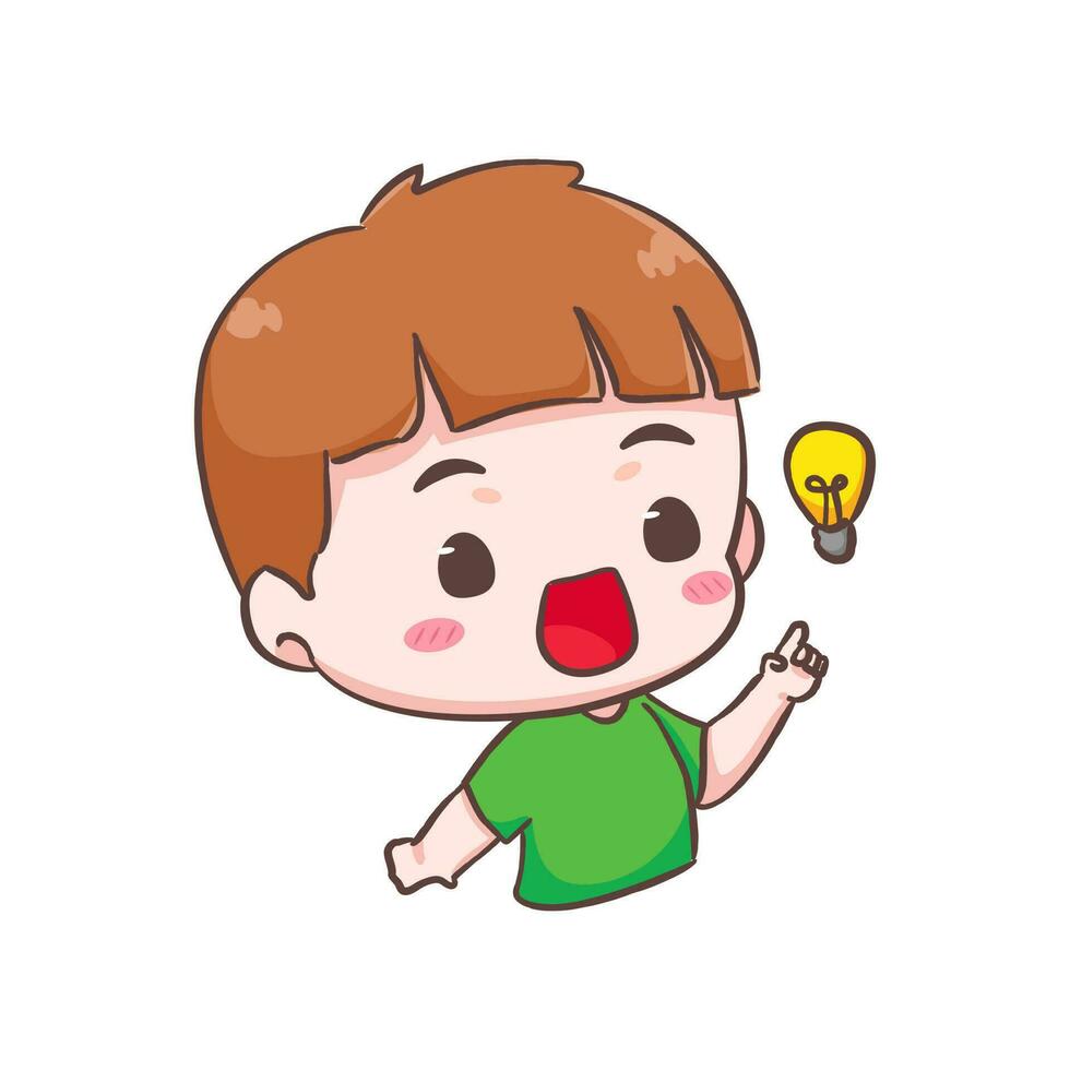 Cute kid boy show idea with light bulb sign cartoon character. People expression concept design. Isolated background. Vector art illustration.