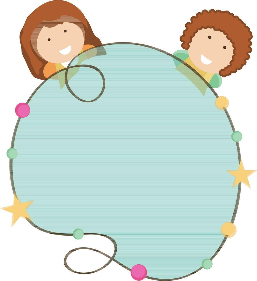 Stars decorated frame holding girl and boy. vector