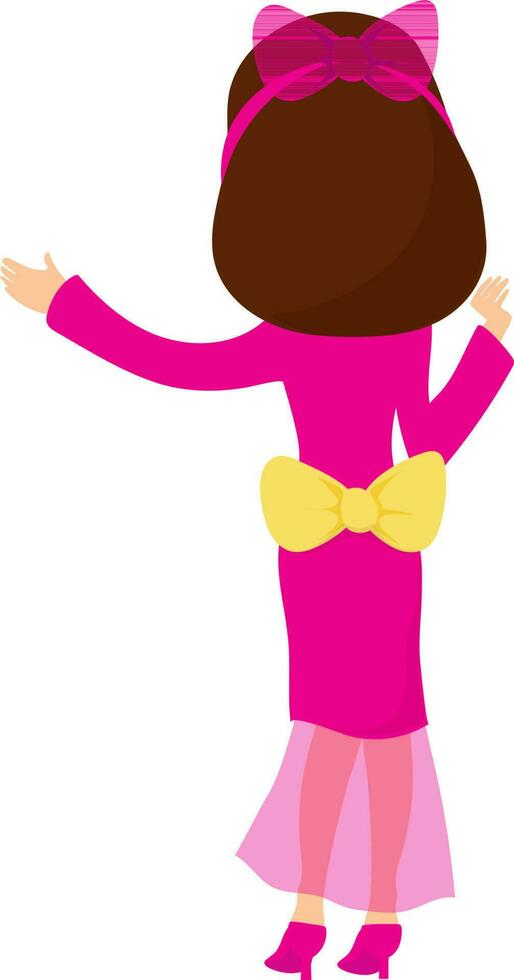 Back pose of a beautiful bride in pink dress with bow. vector
