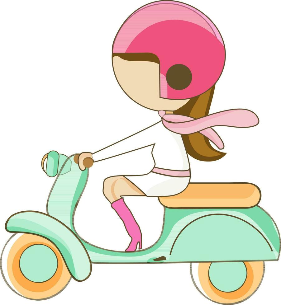 Young girl riding scooter. vector
