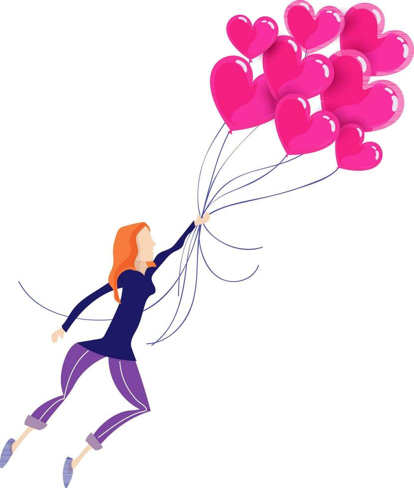 Character of woman flying on balloons. vector
