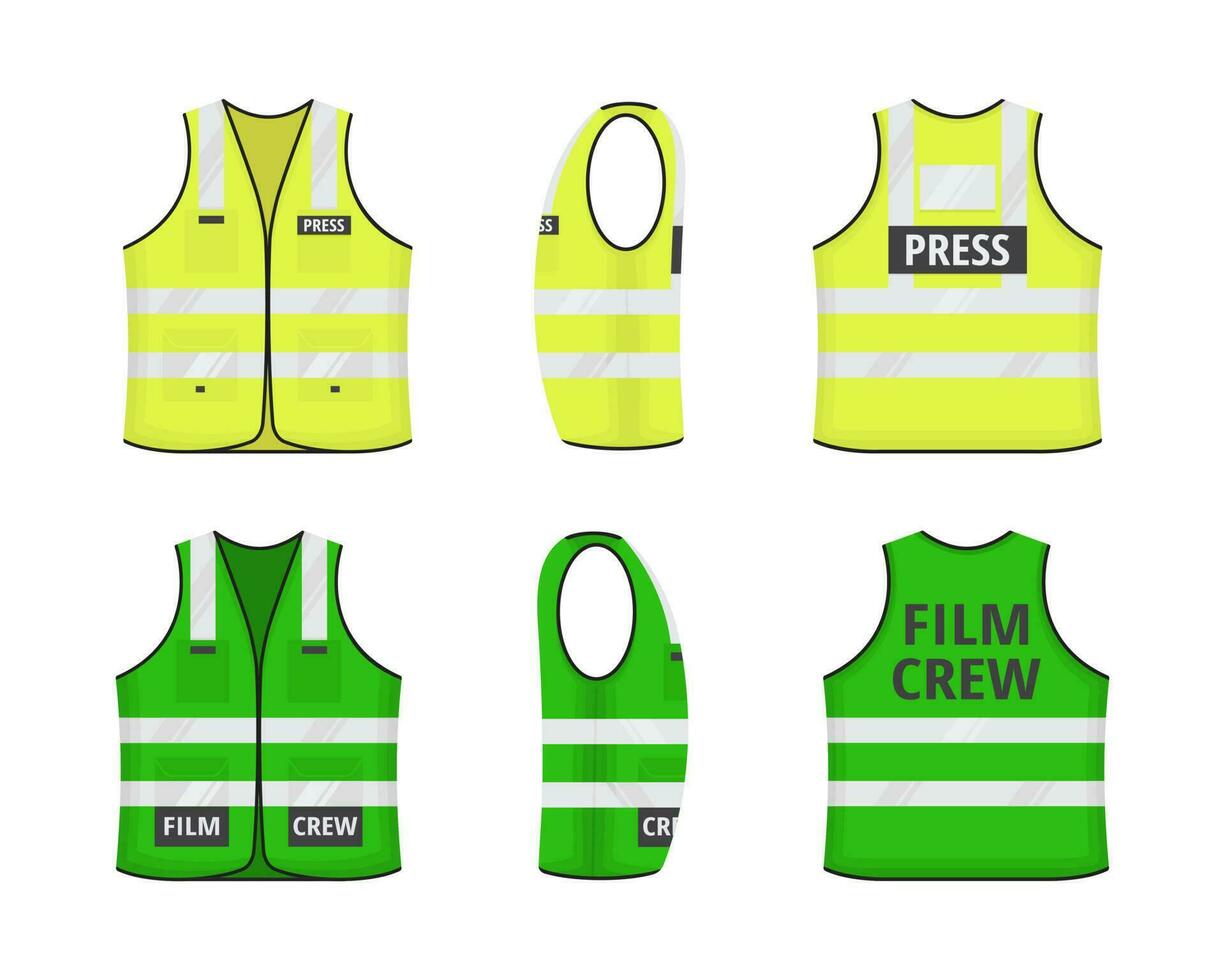 Safety reflective vest with labels tag flat style design vector illustration set.