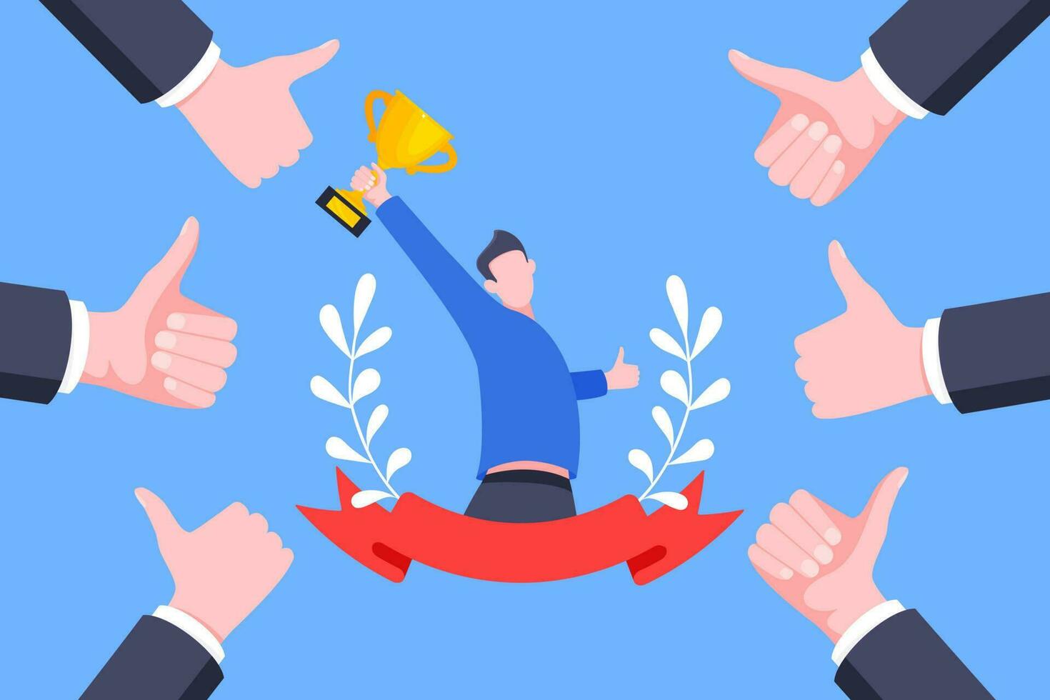Best worker employee winner with trophy cup inside award ribbon and floral wreath flat style design vector illustration.