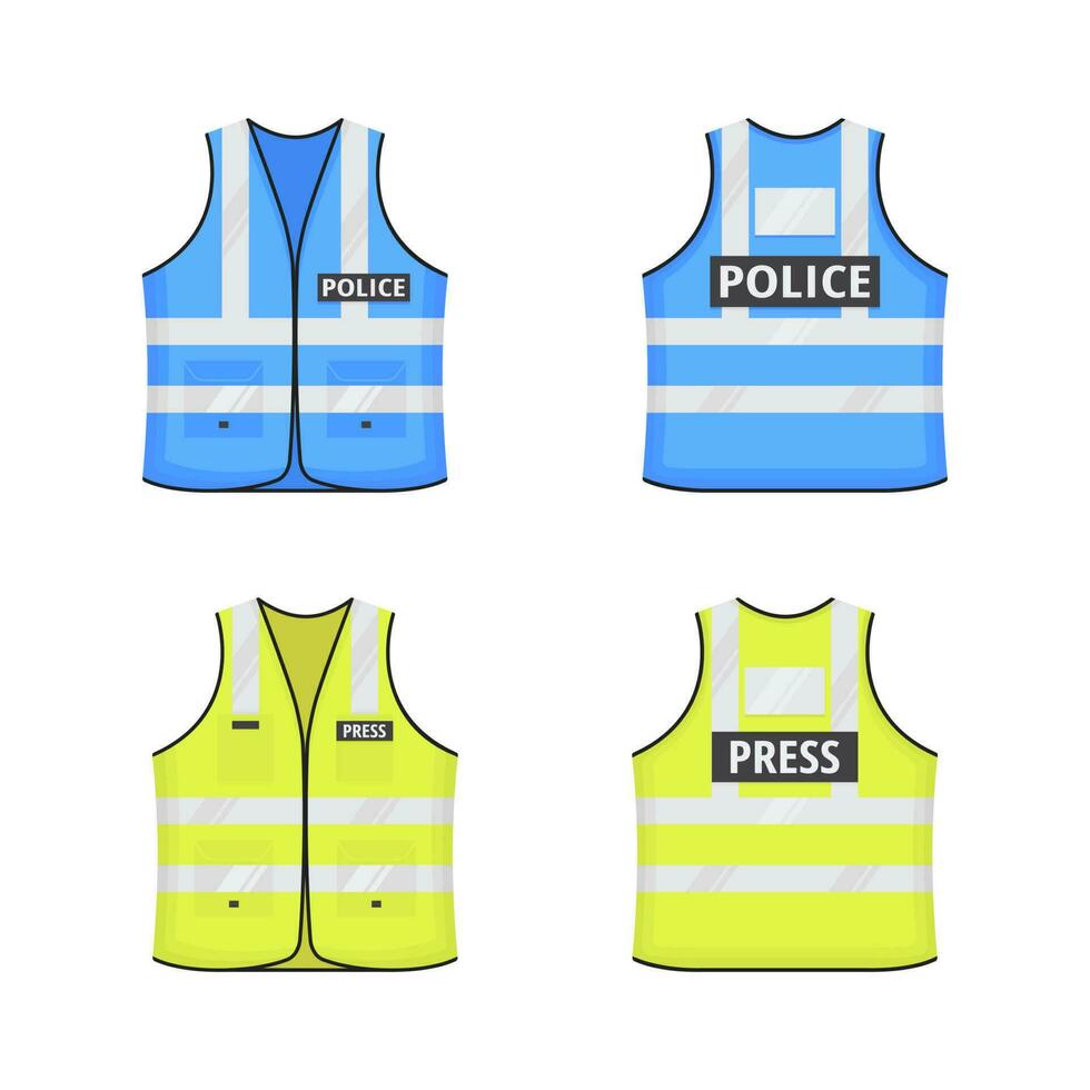 Safety reflective vest with labes tag flat style design vector illustration set.