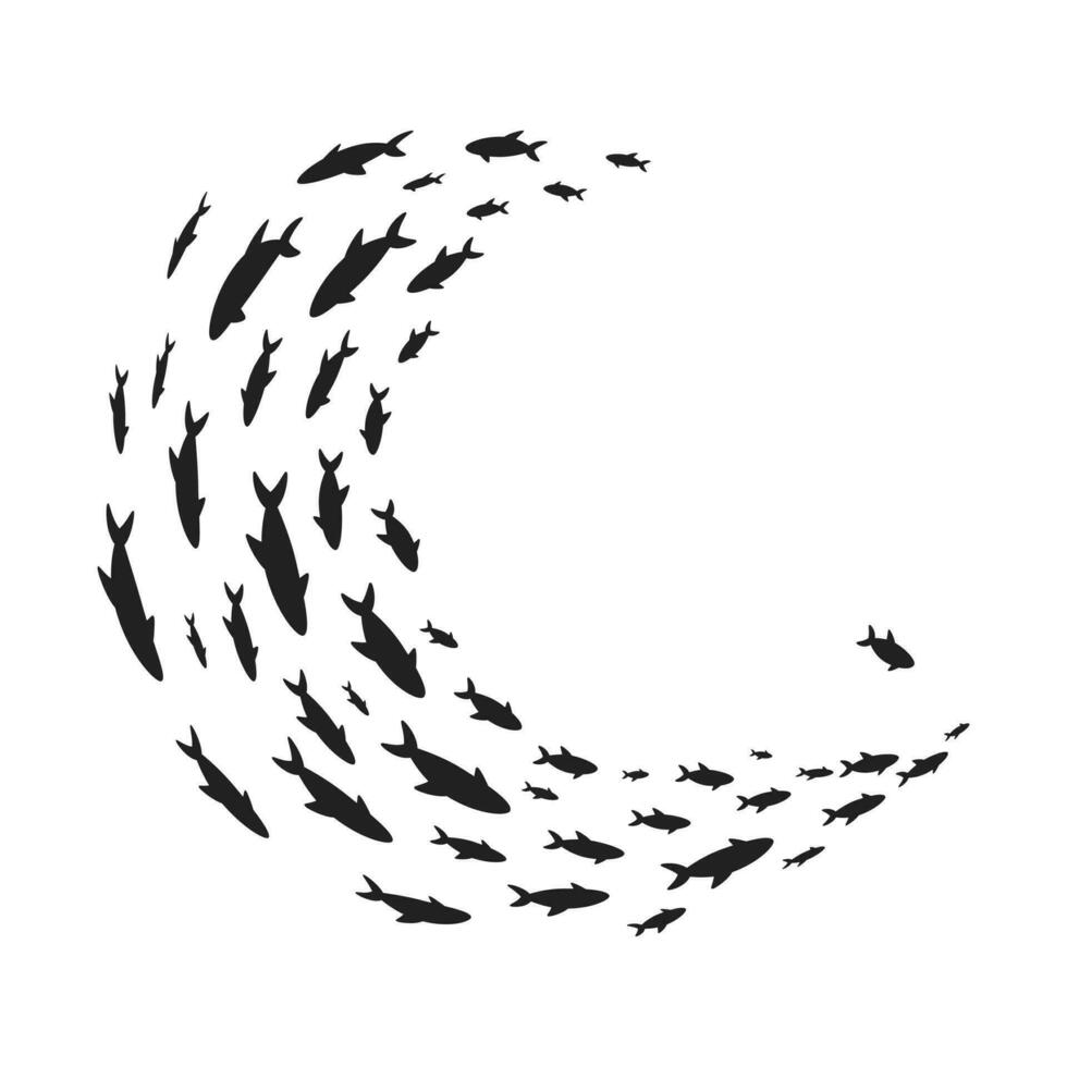 Silhouettes school of fish with marine life of various sizes swimming fish flat style design vector illustration.