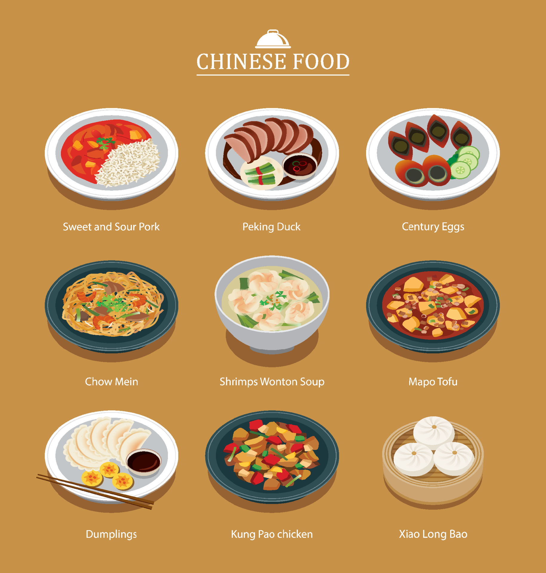 Set of chinese food menu. Asia street food illustration background