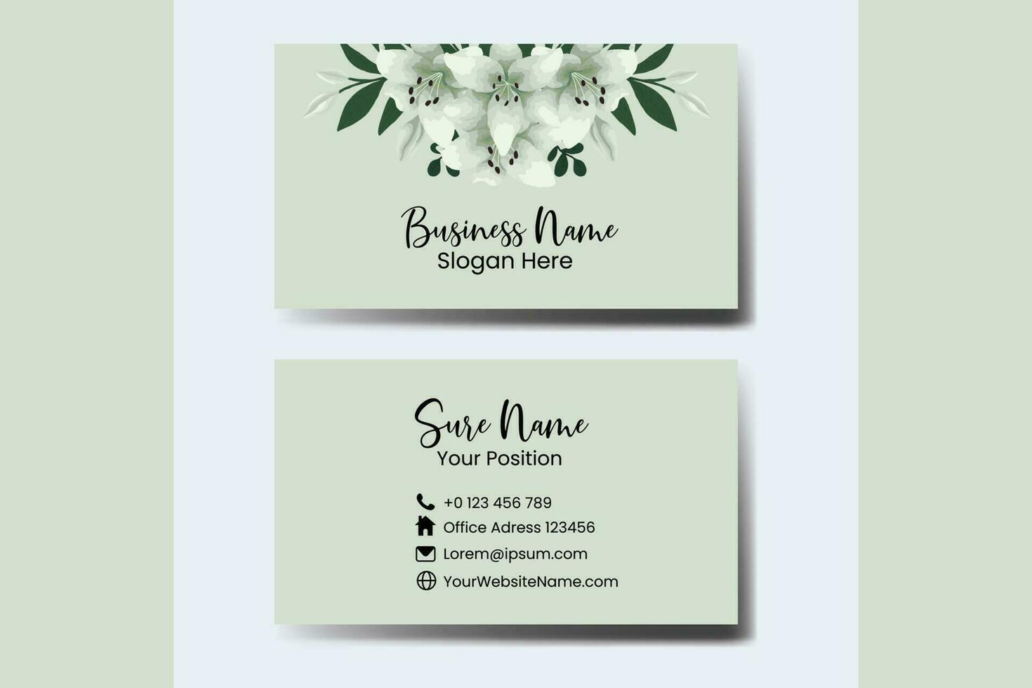 Business Card Template White Lily Flower Watercolor vector