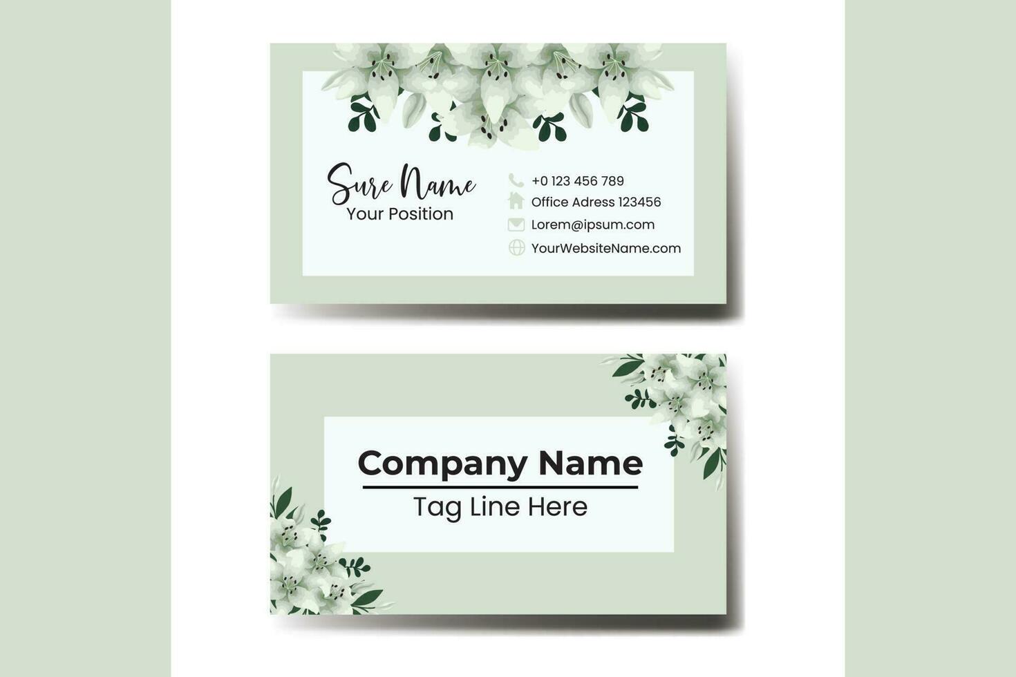 Business Card Template White Lily Flower Watercolor vector