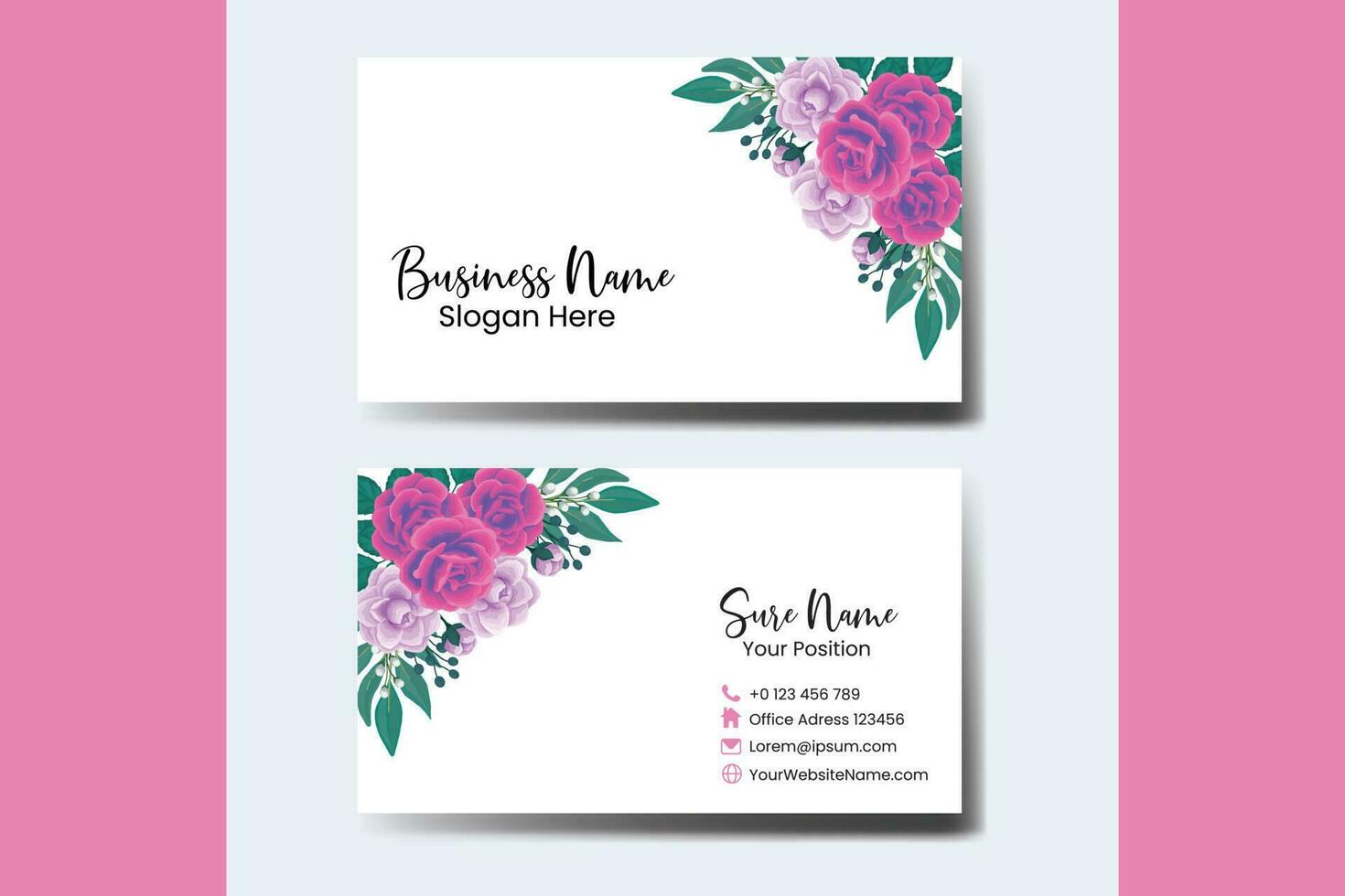 Business Card Template Rose with Anemone Flower Watercolor vector