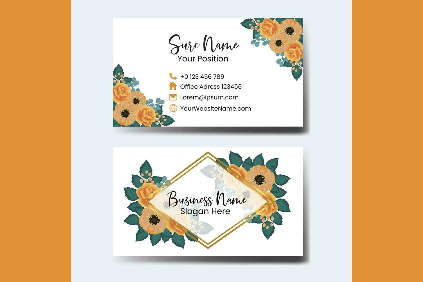 Business Card Template Orange Rose Flower Watercolor vector