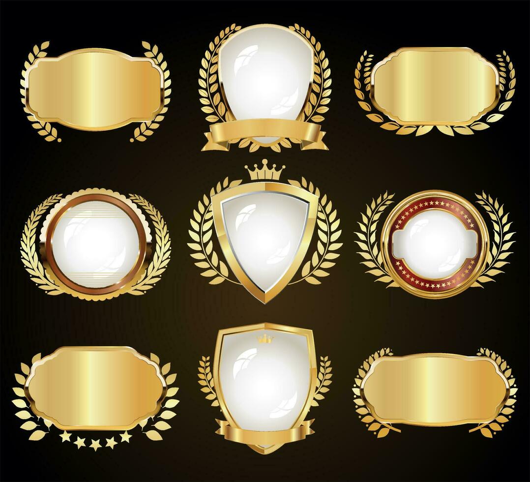 Golden ribbons labels shields and laurels vector collection