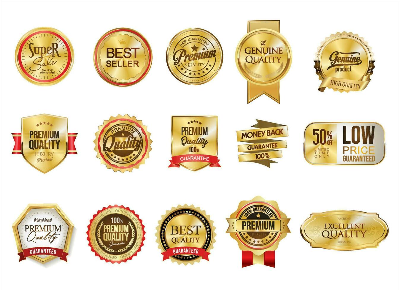 Collection of golden commercial labels and ribbon templates vector illustration