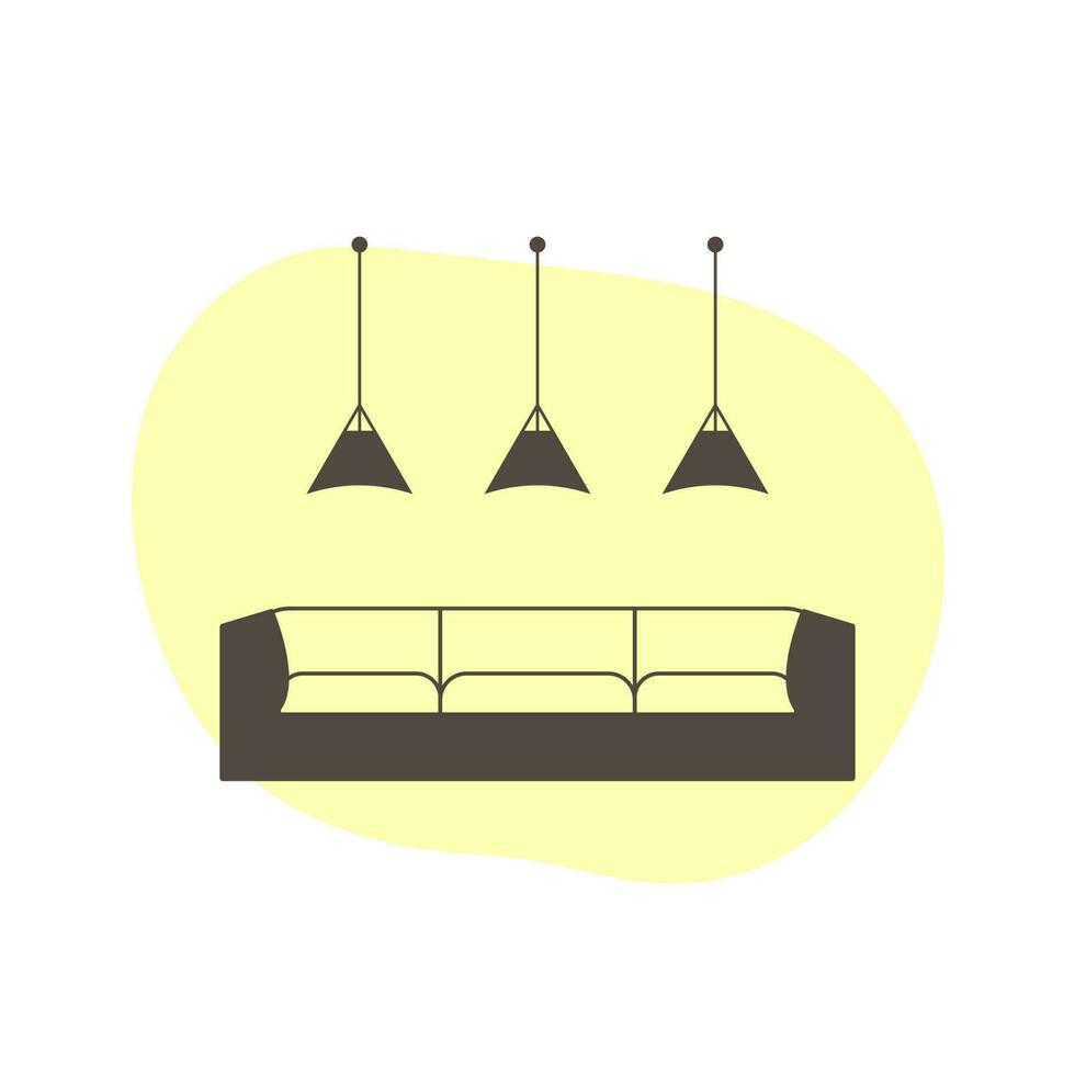 sofá y lamparas en plano estilo mueble interior vector icono