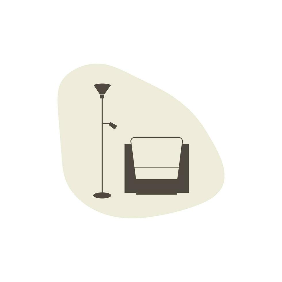 Modern armchair with floor lamp. Vector icon in flat style. Home furniture vector icon on abstract shape background. Furniture business concept.