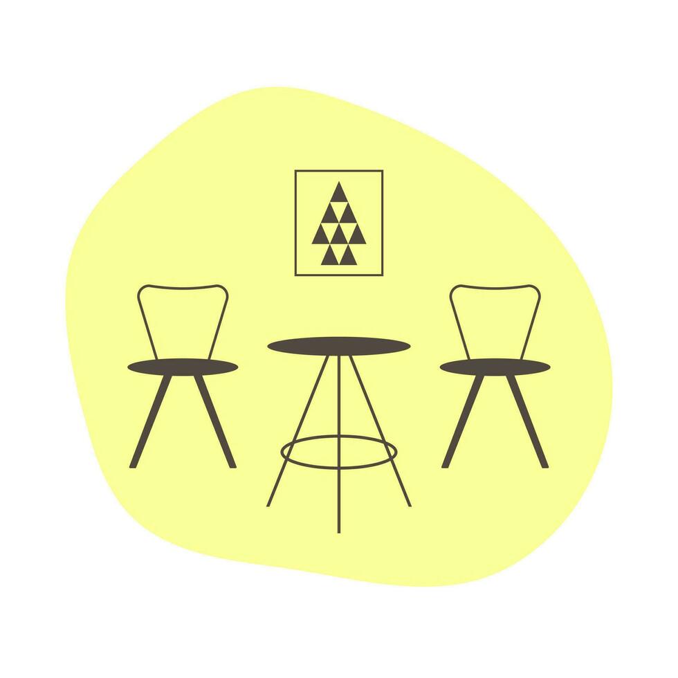 Interior icon with table and chairs on a yellow abstract shape background. Furniture icon in a flat style vector