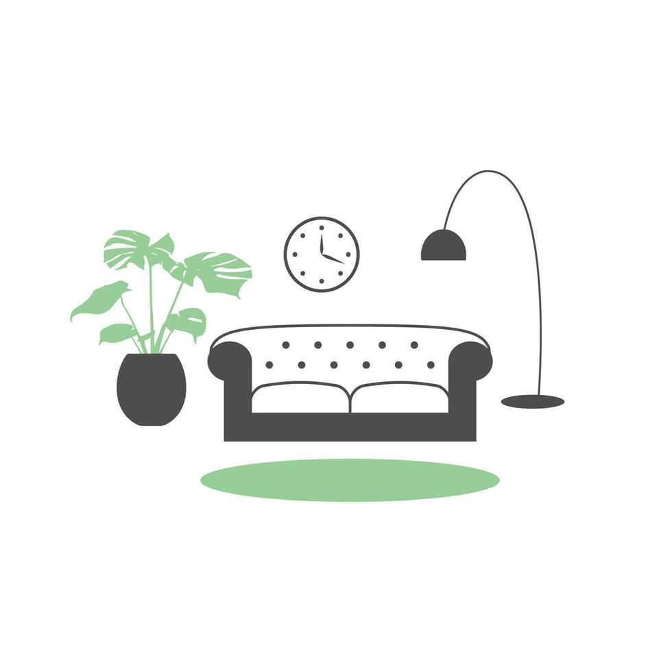 Living room with sofa, floor lamp and plant. Interior vector icon. Flat design.