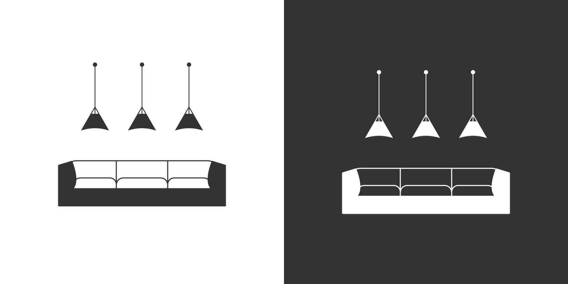 Interior icon with sofa and ceiling lamps. Furniture symbol. Isolated vector icon on black and white background