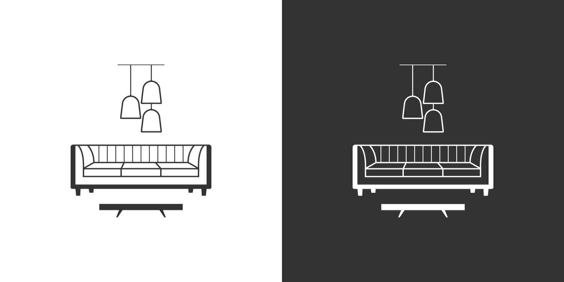 Furniture interior line icon with sofa, coffee table, modern chandelier. Black and white linear vector icon