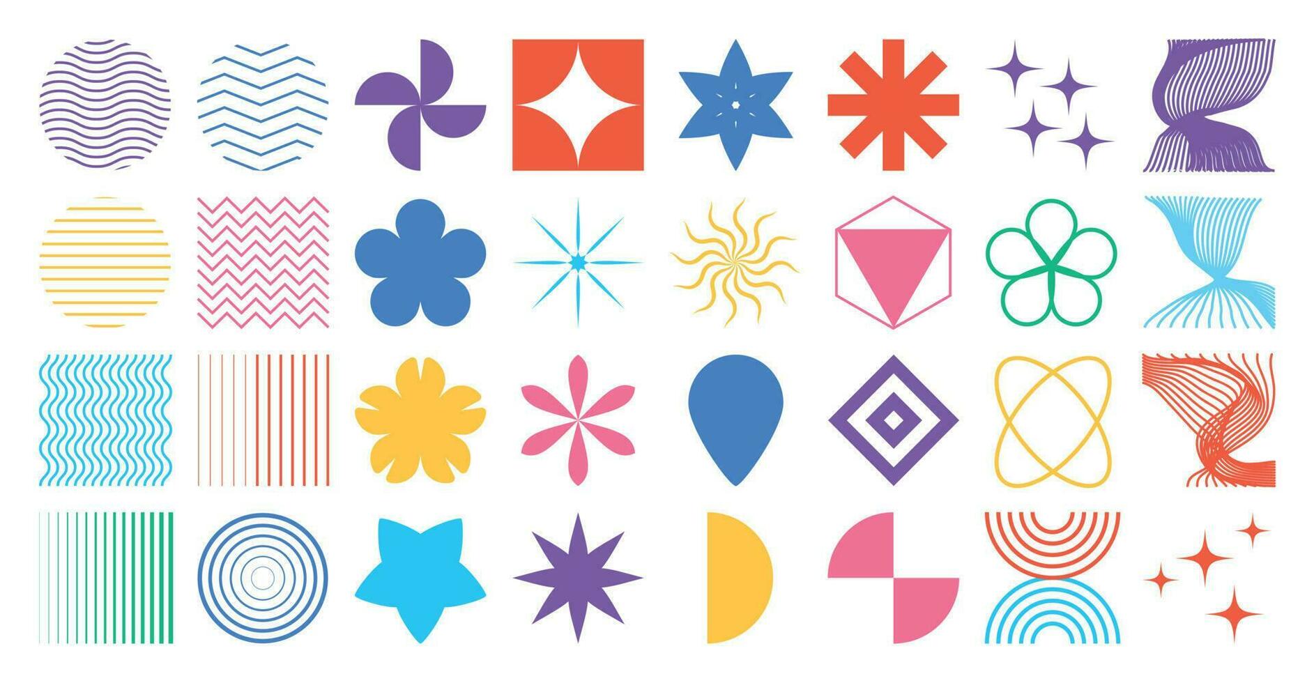 Set of abstract retro geometric shapes vector. Collection of contemporary figure, flower, line, stars in 70s groovy style. Bauhaus Memphis design element perfect for banner, prints, stickers, decor. vector