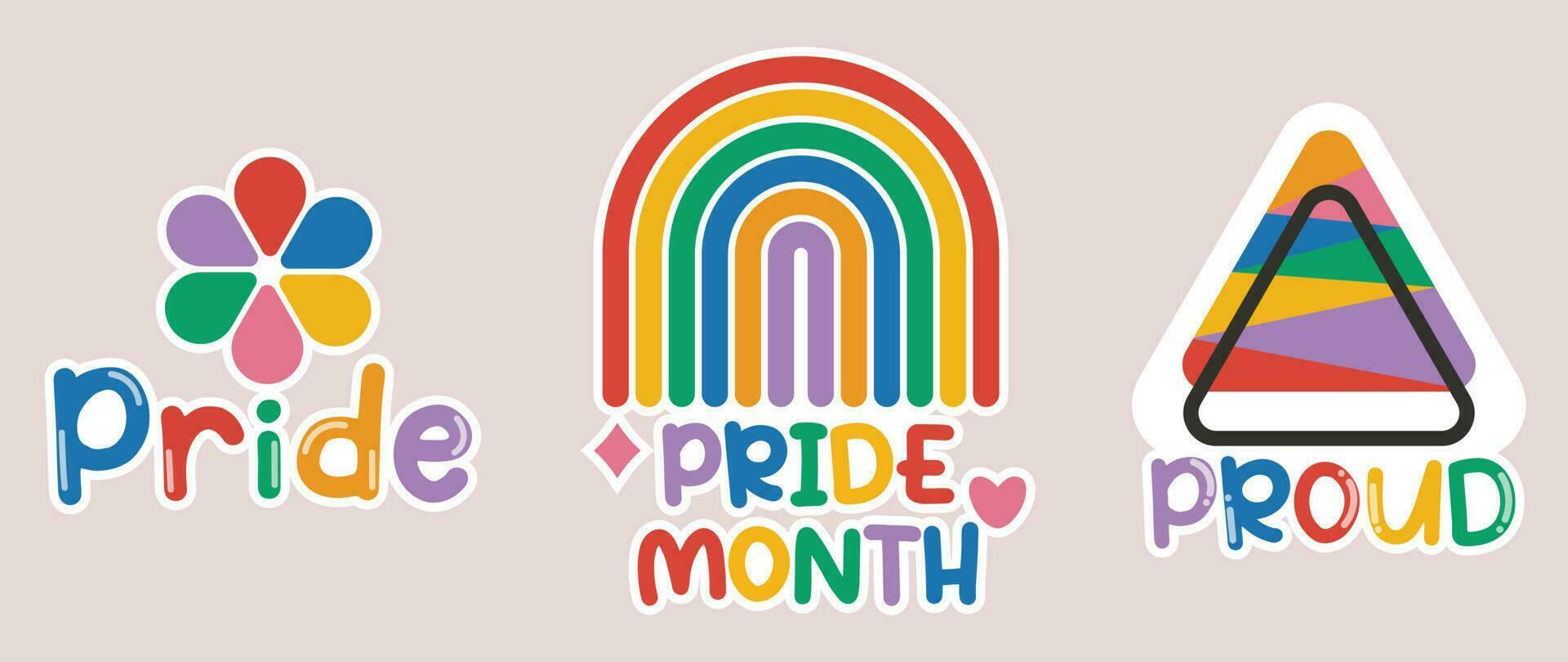 Happy Pride LGBTQ element set. LGBTQ community symbols with rainbow flag, heart, rainbow. Elements illustrated for pride month, bisexual, transgender, gender equality, sticker, rights concept. vector