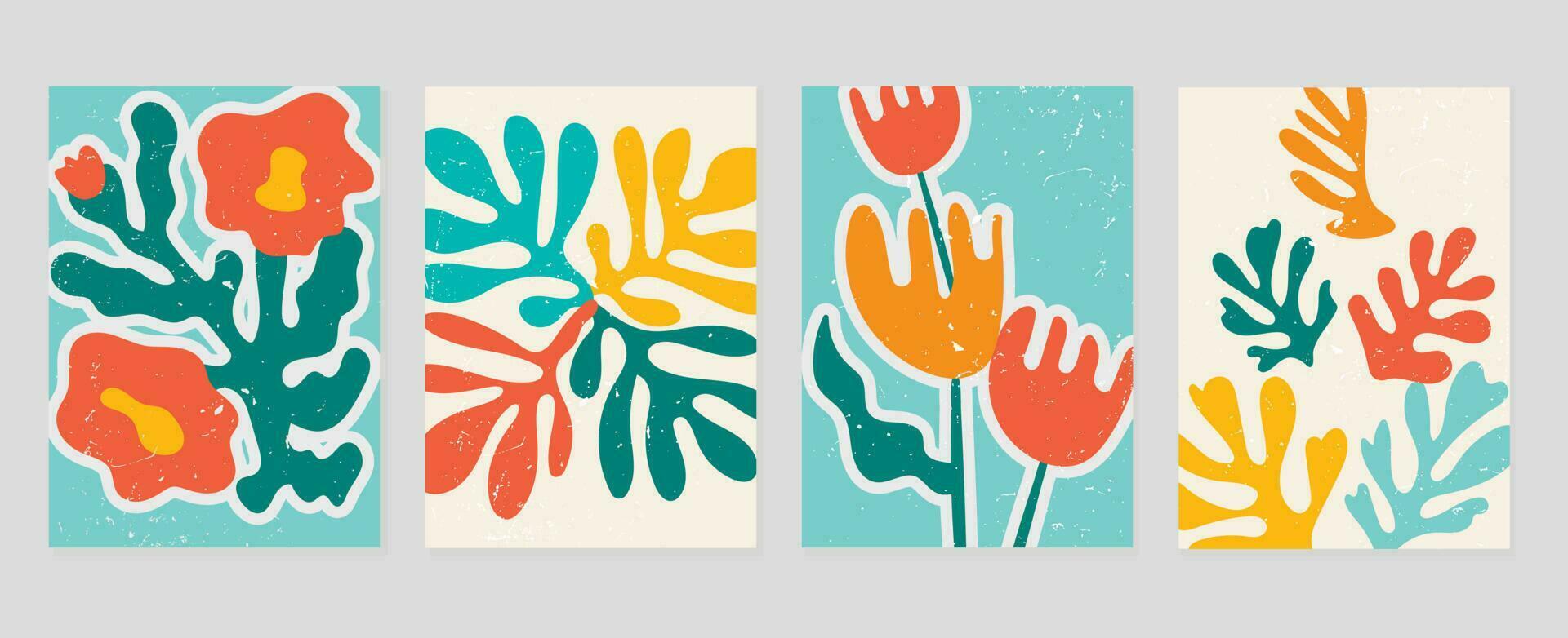 conjunto de resumen cubrir antecedentes inspirado por Matisse. plantas, hoja, flor, coral, grunge textura en mano dibujado estilo. contemporáneo estético ilustrado diseño para pared arte, decoración, fondo de pantalla. vector