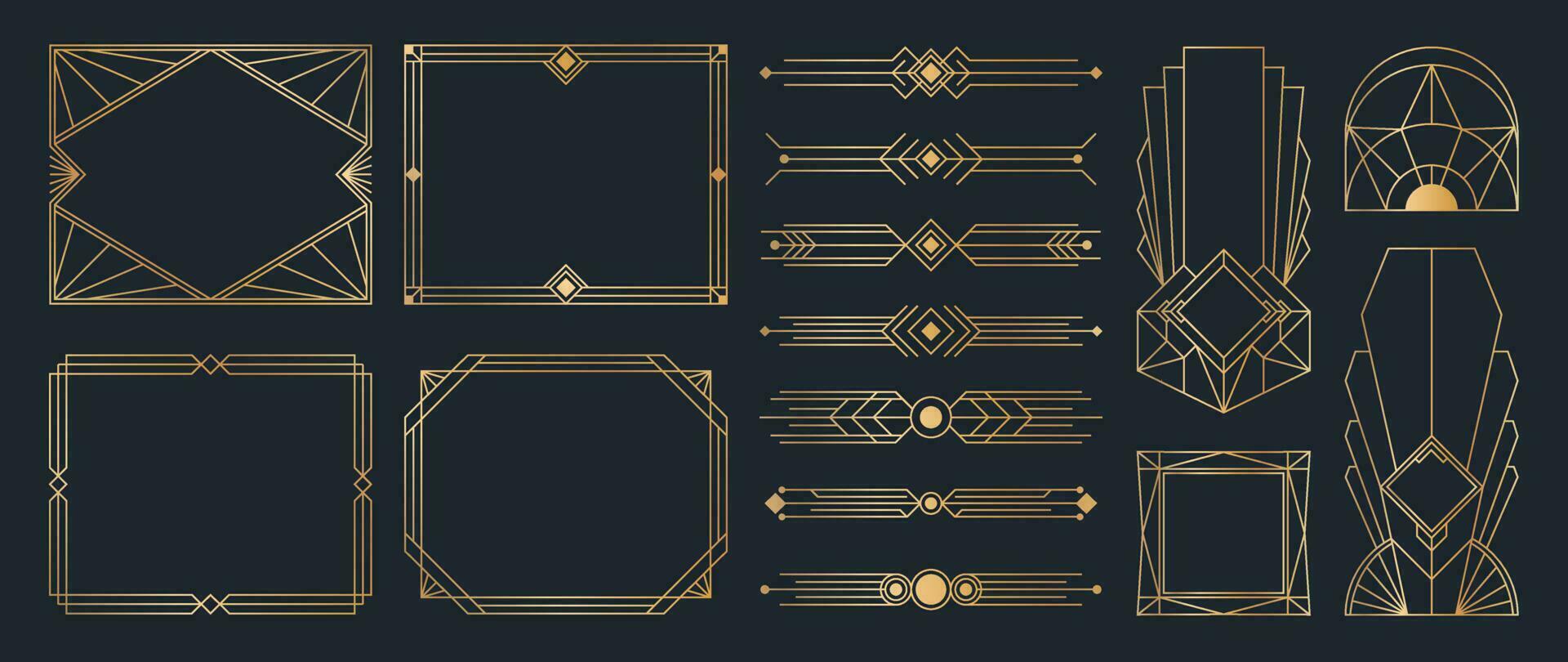 Collection of geometric art deco ornament. Luxury golden decorative elements with different lines, frames, headers, dividers and borders. Set of elegant design suitable for card, invitation, poster. vector