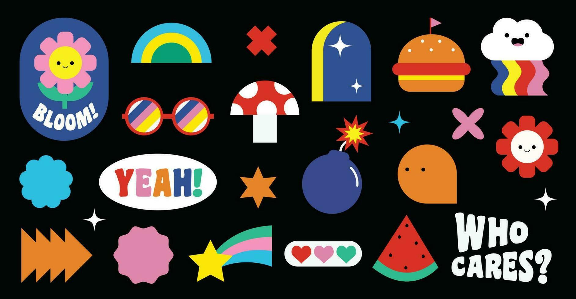 Set of abstract retro geometric shapes vector. Collection of contemporary figure, words, bomb, cloud, star in 70s groovy style. Cute hippie design element perfect for banner, prints, stickers, decor. vector
