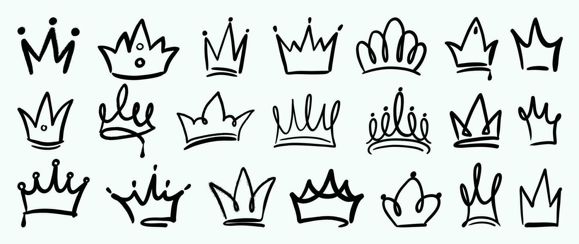 Set of doodle crowns vector. Hand drawn king or queen crowns luxurious prince and princess head accessories, diadems. Royal head tiara illustration collection design for graffiti, decorative. vector