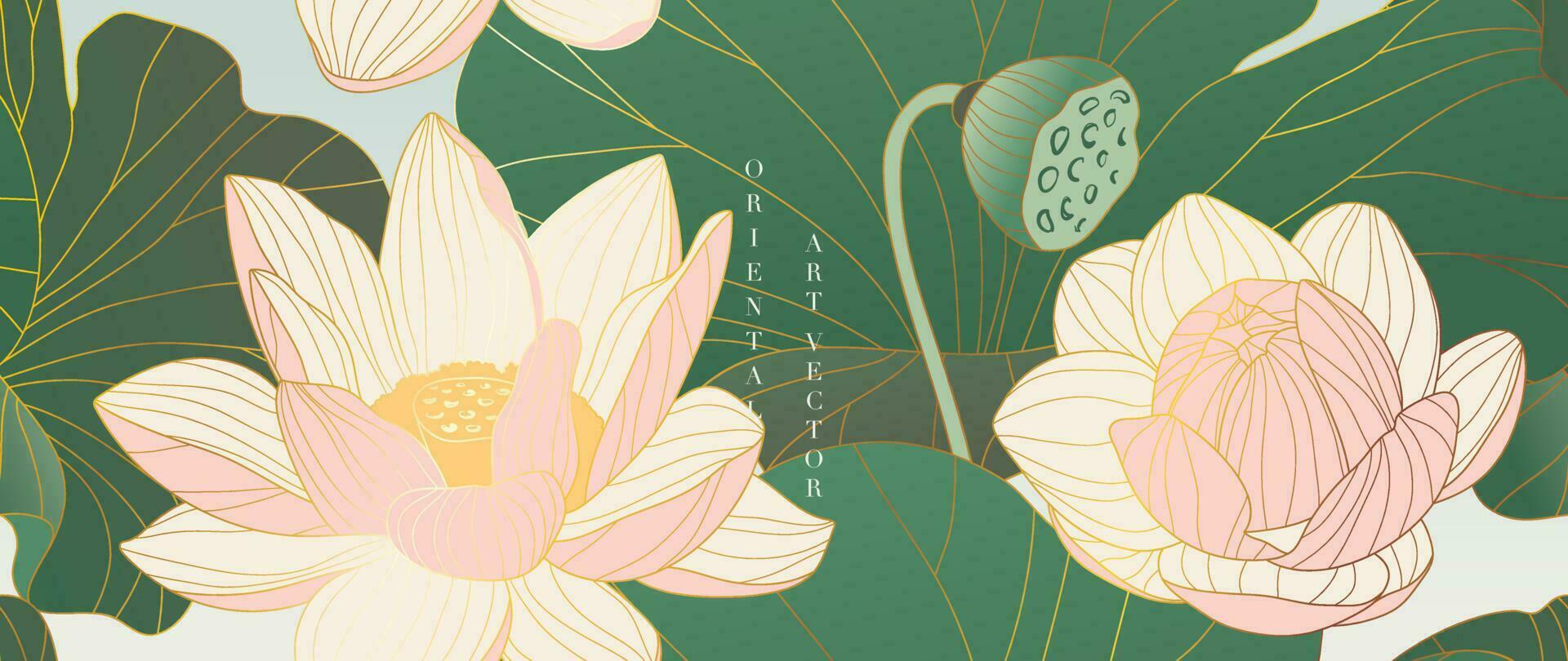 lujo oriental flor antecedentes vector. elegante rosado loto flores dorado línea arte, hojas en sin costura modelo. japonés y chino ilustración diseño para fondo de pantalla, póster, bandera, tela. vector