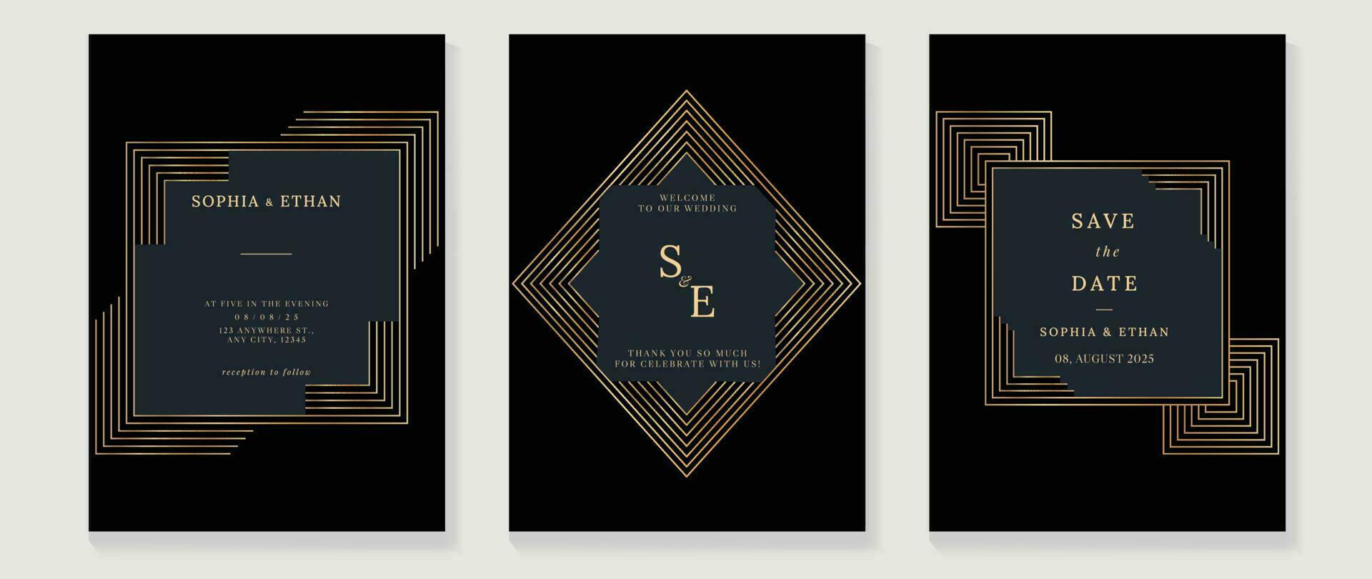 Luxury wedding invitation card background vector. Golden elegant geometric shape, gold lines on dark background. Premium design illustration for wedding and vip cover template, banner, poster. vector