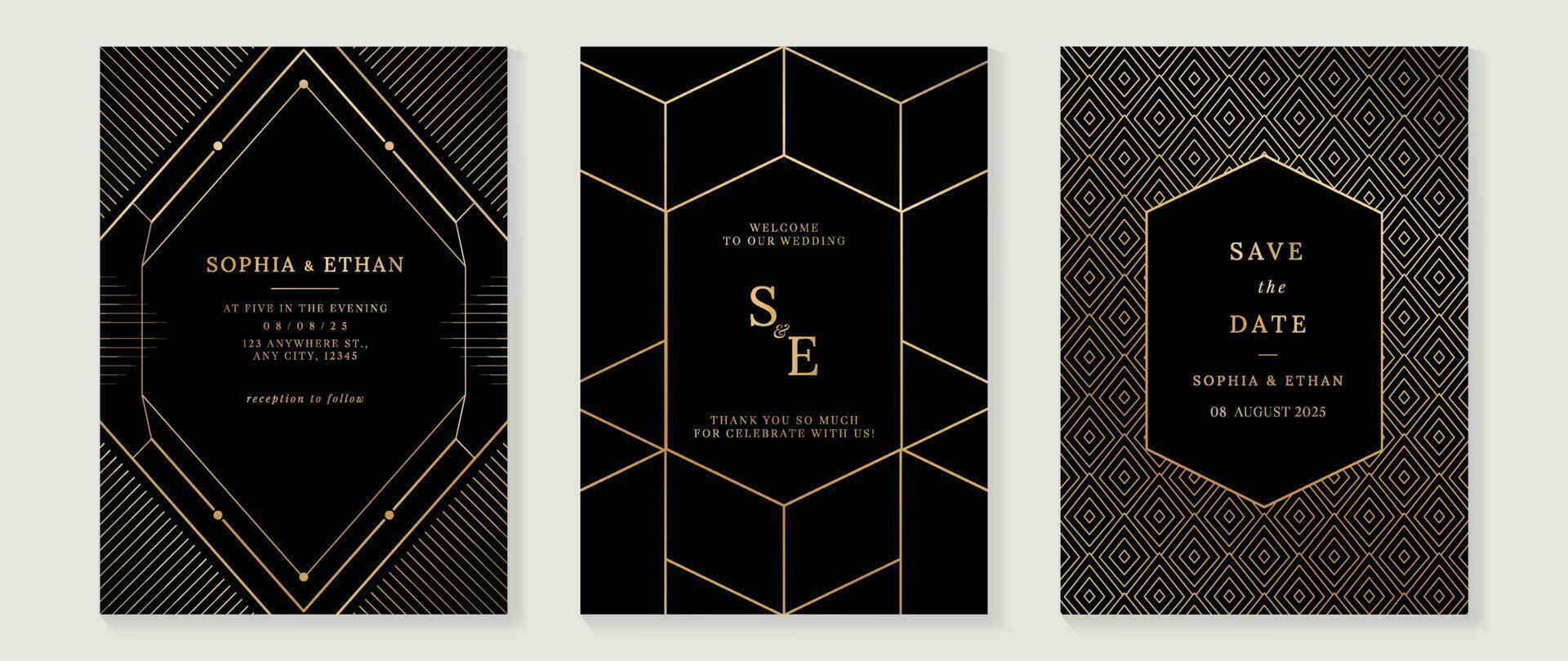 Luxury wedding invitation card background vector. Golden elegant geometric shape, gold lines on dark background. Premium design illustration for wedding and vip cover template, banner, poster. vector