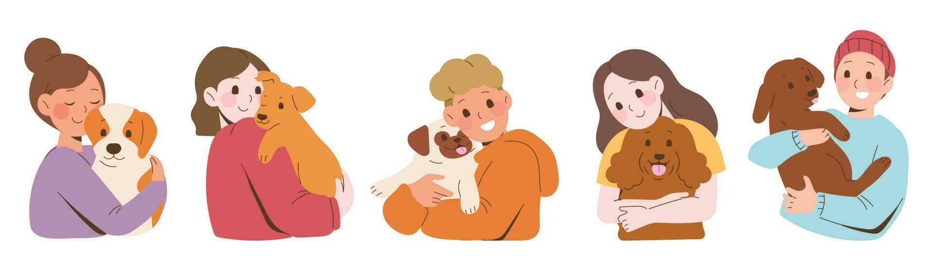 Set of Happy owner and pet concept vector. Flat cartoon characters collection with women, men hugging, hold their dogs. Dog and peoples illustration design for decoration, cover, website, poster. vector