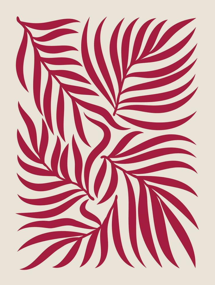 Abstract botanical art background vector. Natural hand drawn pattern design with red leaves, branches. Simple contemporary style illustrated Design for fabric, print, cover, banner, wallpaper. vector