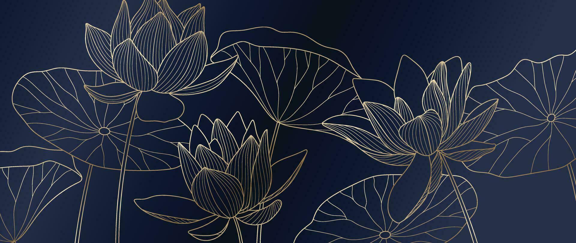 Luxury hand drawn lotus flowers background vector. Elegant gradient gold lotus flowers line art, leaves on blue background. Oriental design for wedding invitation, cover, print, decoration, template. vector