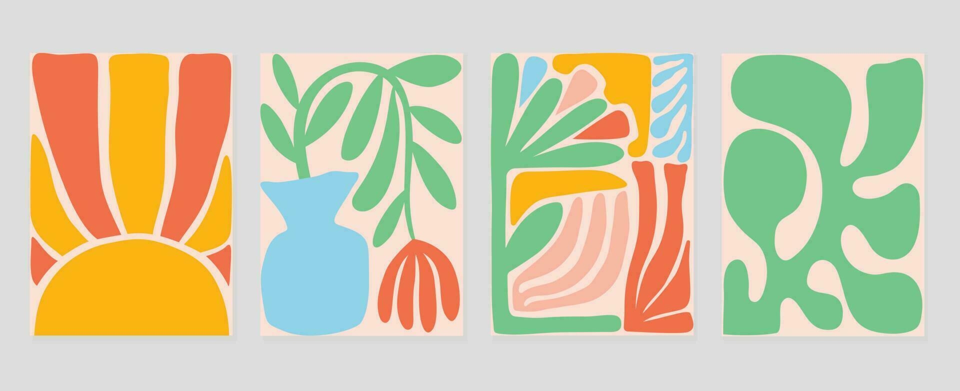 Set of abstract cover background inspired by matisse. Plants, leaf branch, coral, flower, vase in hand drawn style. Contemporary aesthetic illustrated design for wall art, decoration, wallpaper. vector