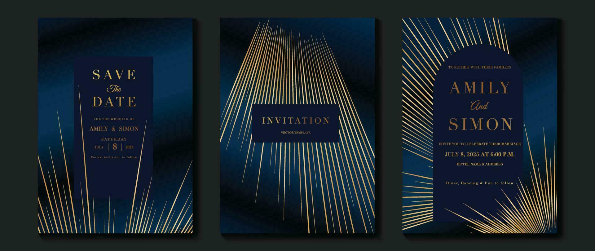 Luxury wedding invitation card background vector. Golden elegant geometric shape, gold lines on dark blue background. Premium design illustration for wedding and vip cover template, banner, poster. vector