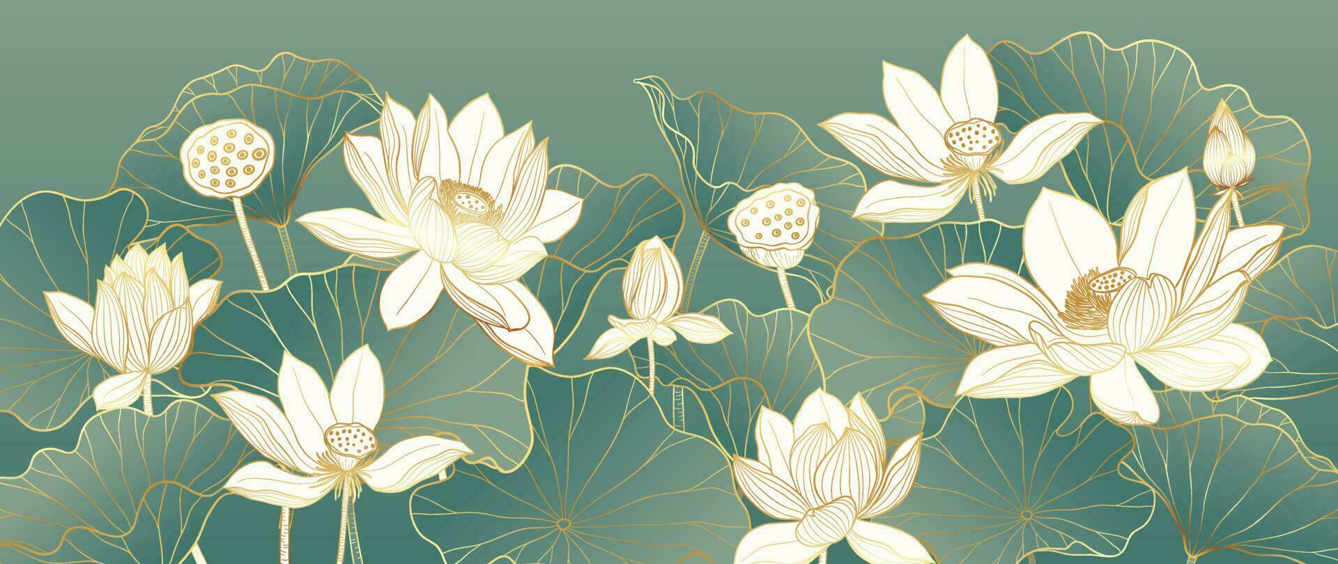 Luxury oriental flower background vector. Elegant white lotus flowers golden line art, leaves, gradient color. Japanese and Chinese illustration Design for decor, wallpaper, poster, banner, card. vector