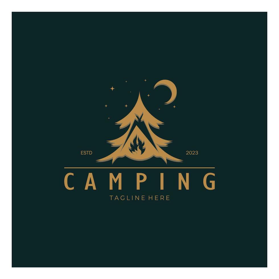 vintage and retro tent logo, camping. With tent, tree and bonfire sign. adventurers, scouts, climbers, camping equipment center vector