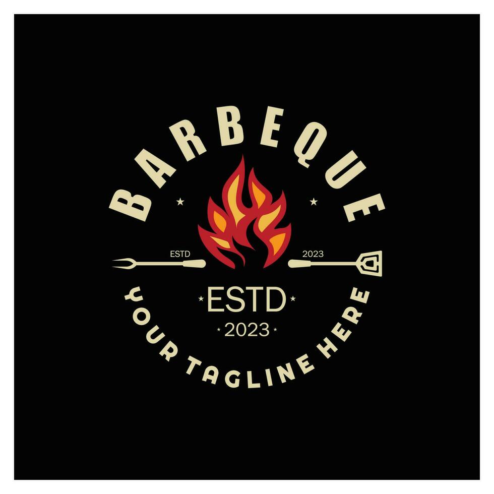 Smoke and BBQ Barbecue Vintage hot grill, with crossed flames and spatula. Logo for restaurant, badge, cafe and bar.vector vector