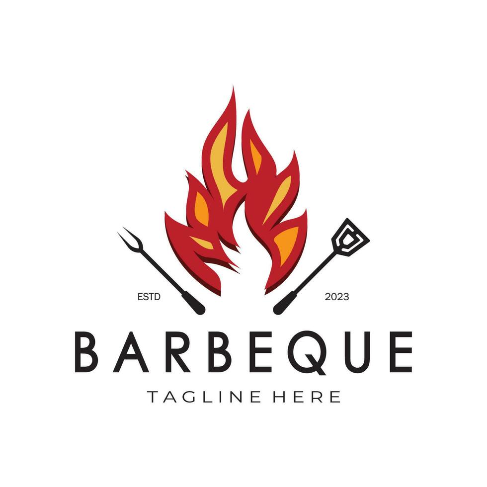 Smoke and BBQ Barbecue Vintage hot grill, with crossed flames and spatula. Logo for restaurant, badge, cafe and bar.vector vector