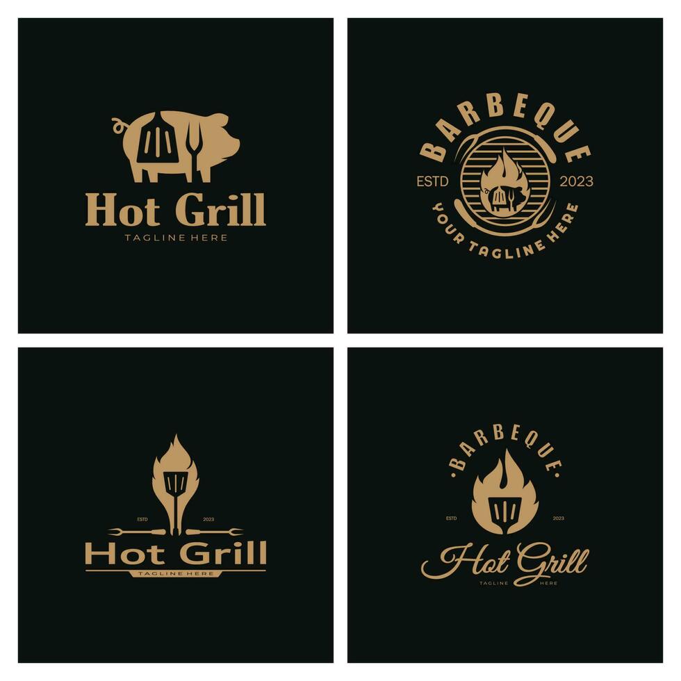 Simple Barbecue Vintage hot grill, with crossed flames and spatula. Logo for restaurant, badge, cafe and bar.vector vector