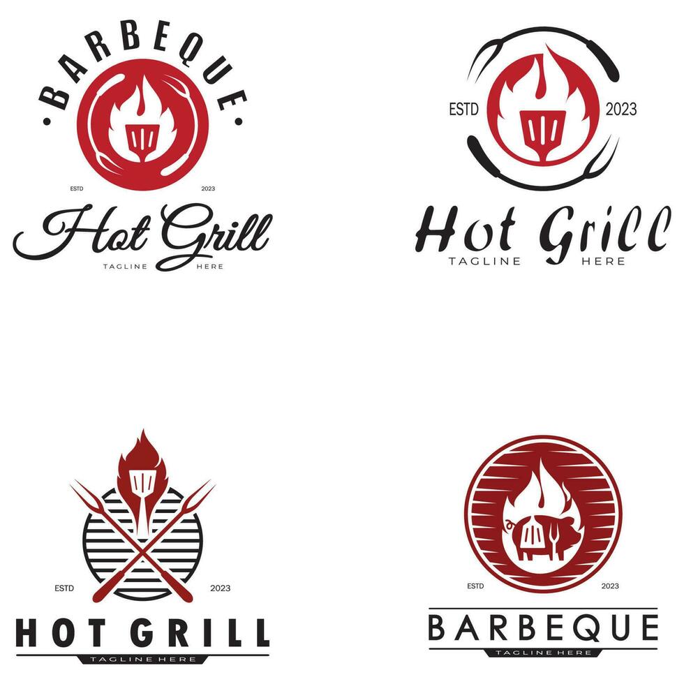 Simple Barbecue Vintage hot grill, with crossed flames and spatula. Logo for restaurant, badge, cafe and bar.vector vector