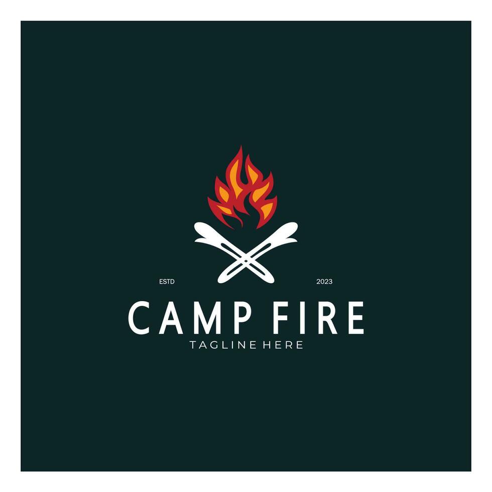 vintage and retro tent logo, camping. With tent, tree and bonfire sign. adventurers, scouts, climbers, camping equipment center vector