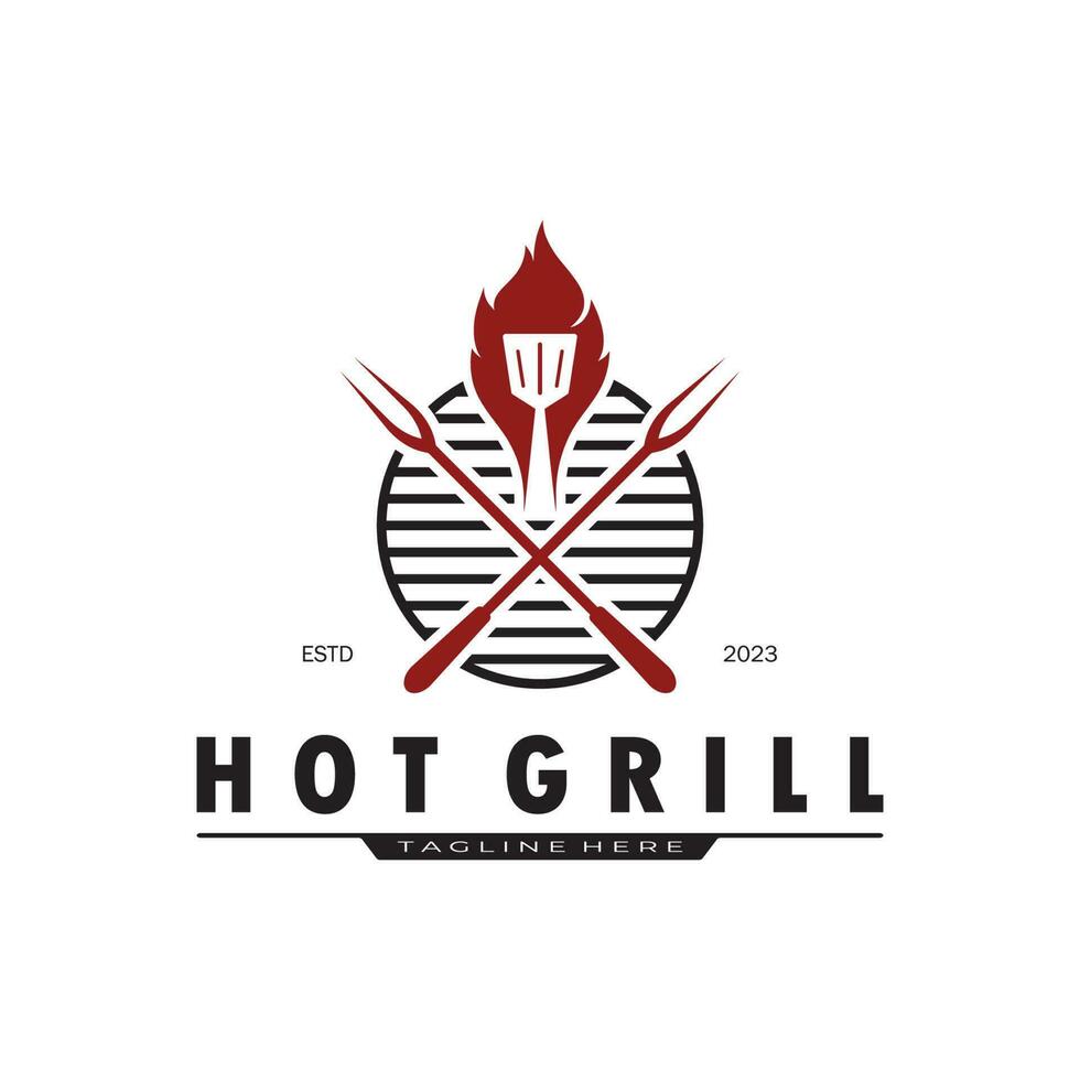 Simple Barbecue Vintage hot grill, with crossed flames and spatula. Logo for restaurant, badge, cafe and bar.vector vector