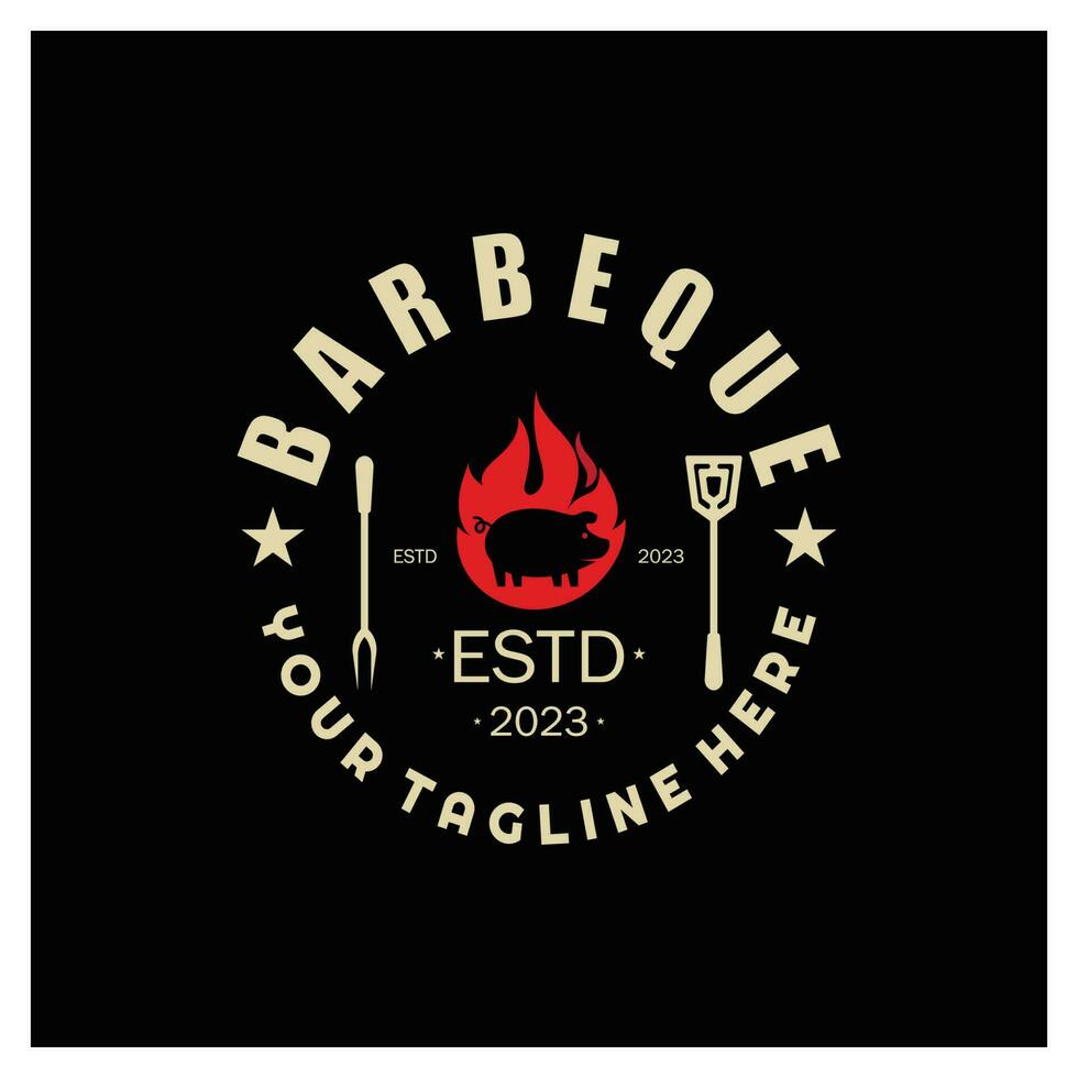 Smoke and BBQ Barbecue Vintage hot grill, with crossed flames and spatula. Logo for restaurant, badge, cafe and bar.vector vector